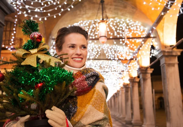 Женщина с ёлкой стоит под рождественским светом, Венеция — стоковое фото