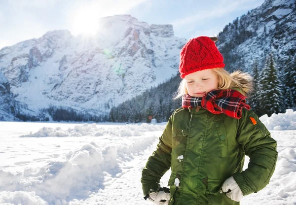 Niño en abrigo verde de pie en la parte delantera de las montañas nevadas — Foto de Stock