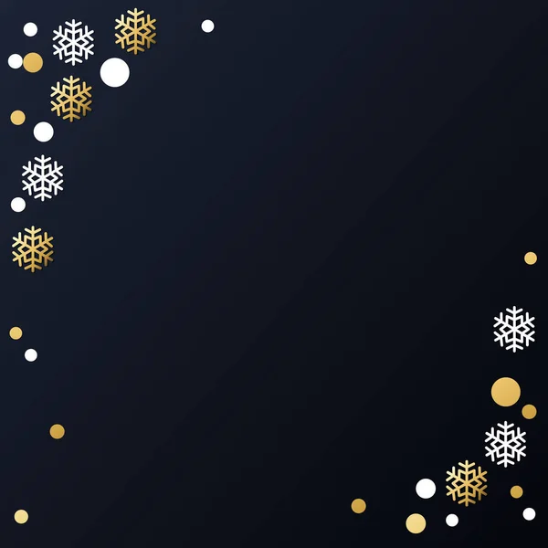 ポスター バナー デザイン テキスト パーティー クリスマス お祝い ギフトタグのための金と白の雪のフレークとコンフェッティのフレームとお祭りの冬の暗い背景 — ストックベクタ