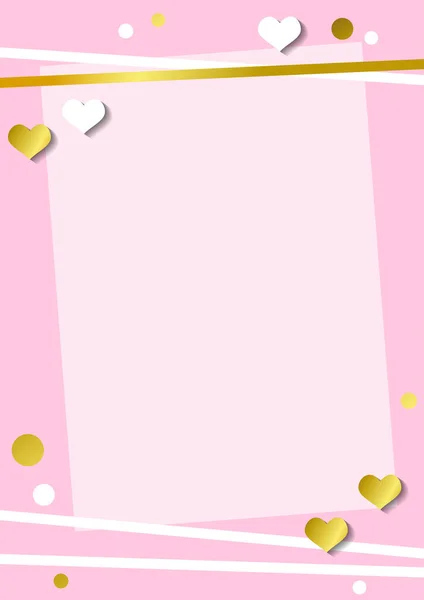 Festive Romantic Pink Background Frame White Hearts Confetti Golden Stripes — Stock Vector