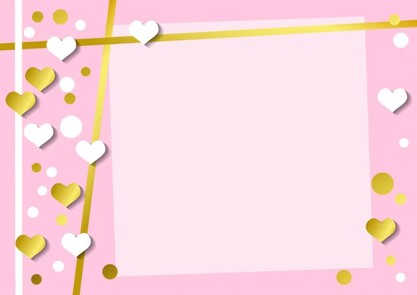 Fondo Rosa Romántico Festivo Con Marco Corazones Blancos Confeti Rayas — Vector de stock