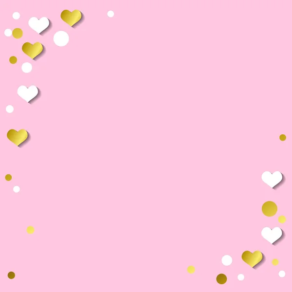 Festive Romantic Pink Background Frame White Hearts Confetti Golden Stripes — Stock Vector