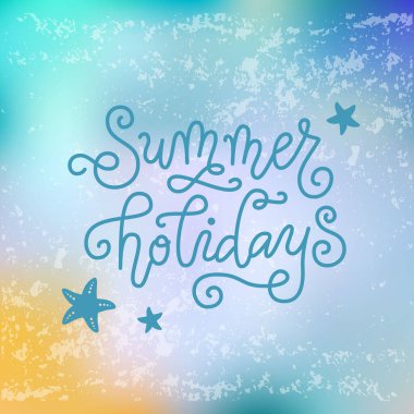 Mavi arkaplanda seastarlar olan yaz tatilinin el yazısı.