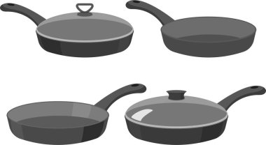 Tavalar. Mutfak tavası nesneleri, çizgi film mutfak gereçleri yemek pişirmek için koleksiyon, beyaz arka planda izole edilmiş kızartma için elementlerin vektör illüstrasyonu