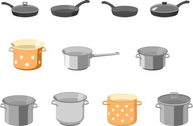 Tencere ve tava. Mutfak tavası nesneleri, çizgi film mutfak gereçleri yemek pişirmek için koleksiyon, kaynama ve kızartma için elementlerin vektör ilülasyonu beyaz arka planda izole