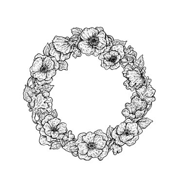 Güzel siyah ve beyaz el çekilmiş vintage tarzı yuvarlak çiçek