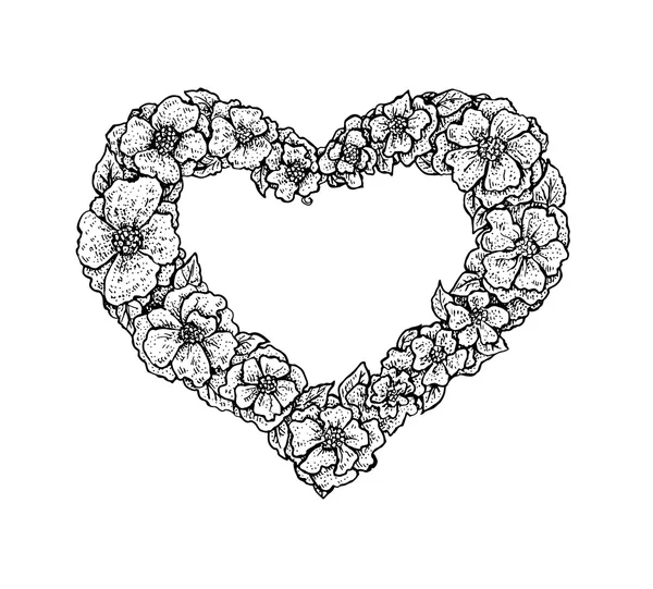 黑色和白色的复古风格花卉框架中的一颗心的形状 — 图库矢量图片