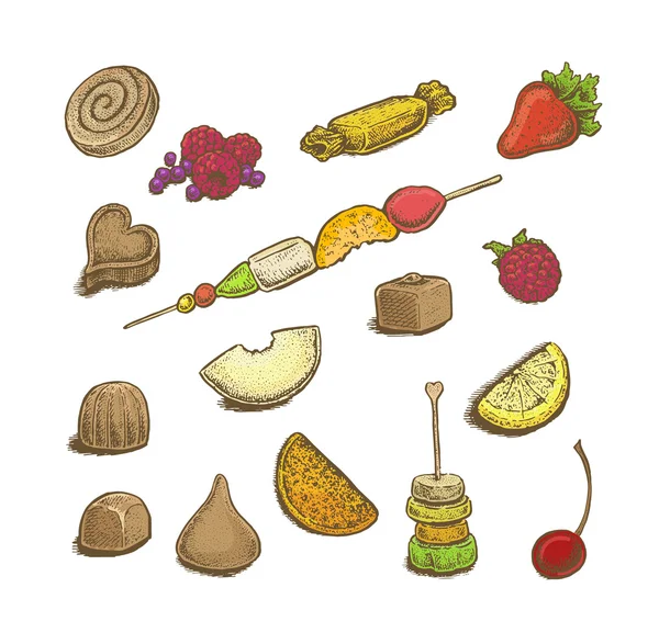 Renkli elle çizilmiş vektör çizimler set tatlılar: şeker,