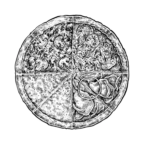 Ilustración en blanco y negro estilo incompleto de una pizza . — Vector de stock