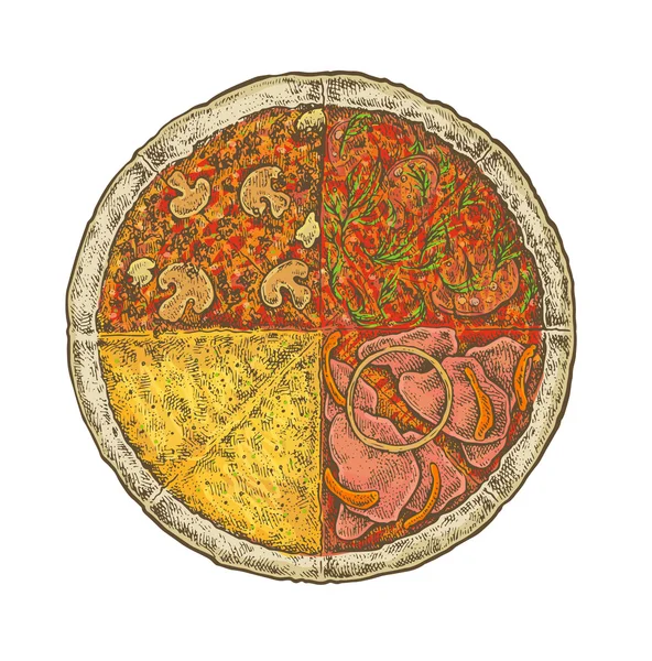 Illustrazione colorata in stile vintage abbozzato di una pizza . — Vettoriale Stock
