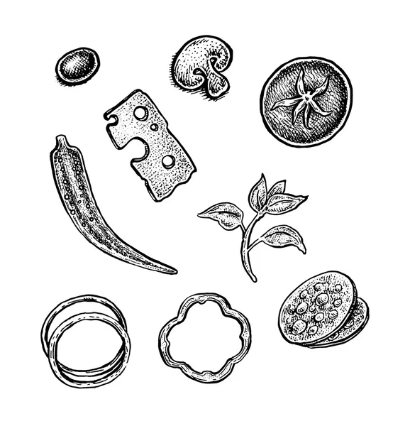 Set of hand drawn vintage sketchy style pizza ingredients. — Stock Vector