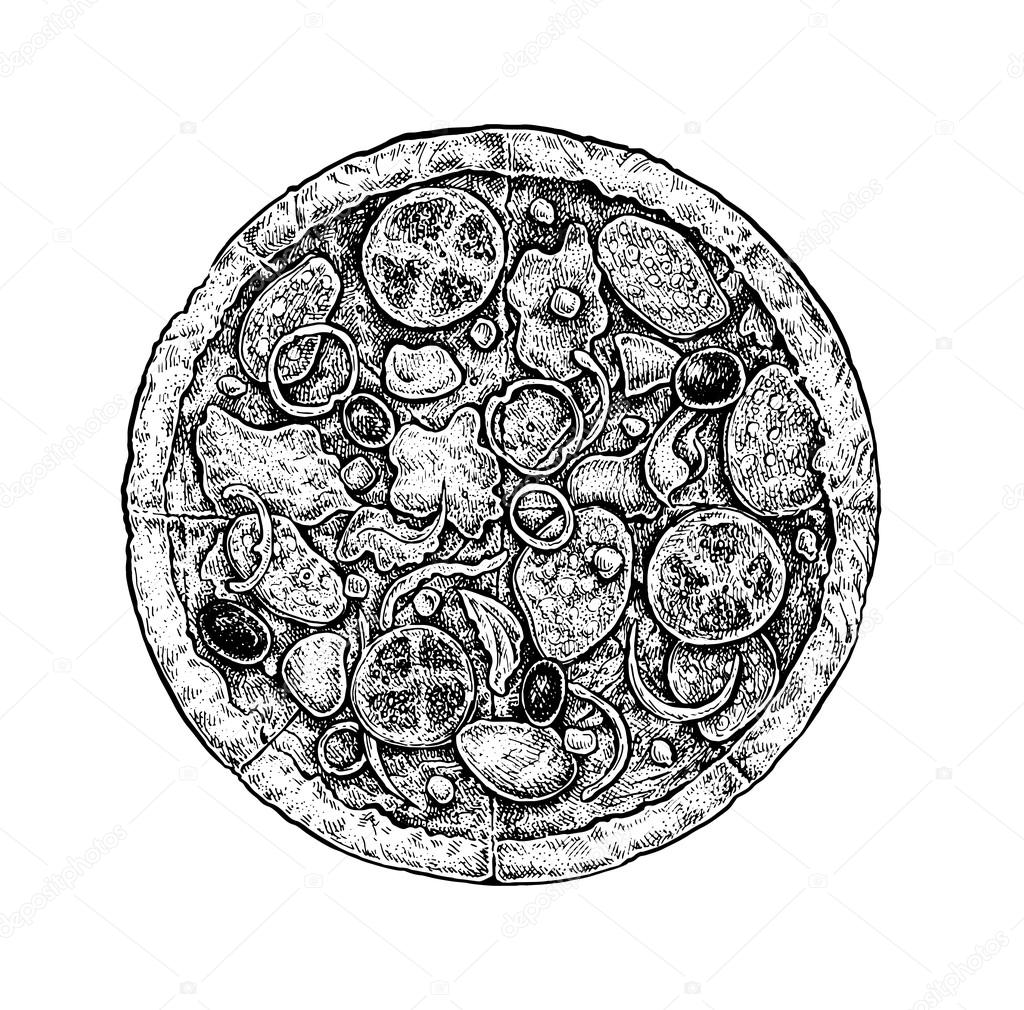 Illustrazione in bianco e nero stile vintage abbozzato di una pizza . Grafica Vettoriale
