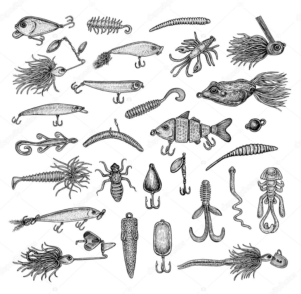 Set of black and white vintage sketchy style fishing lures. Stock Vector by  ©Solveig 114392278