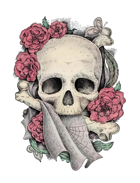 Karışık renkli resimde. Kafatası, kemik ve çiçekler