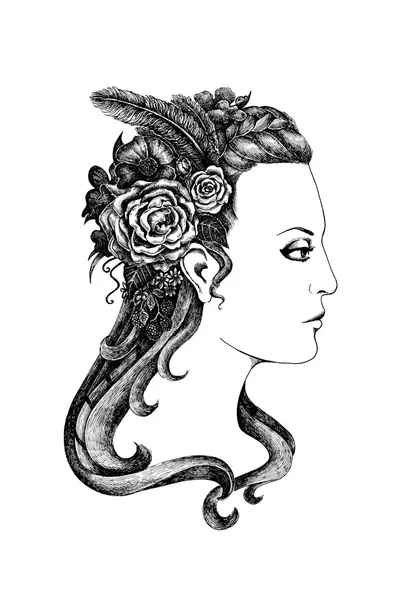 Black and white ink style drawing. Beautiful woman with flowers — Stock Photo, Image