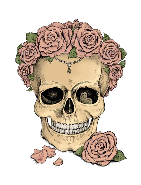 Bunte Illustration. Totenkopf und Rosen — Stockfoto