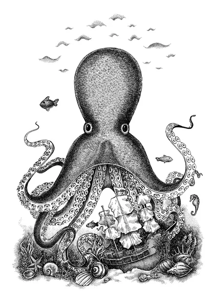 Black and white fantasy illustration. Octopus — Stock Photo, Image