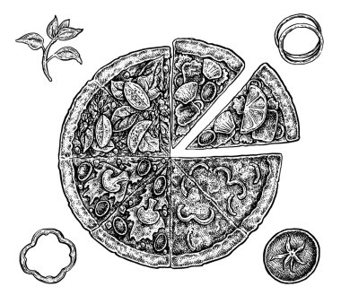 Elle çizilmiş mürekkep pizza ve maddeler kümesi. Siyah ve beyaz vec