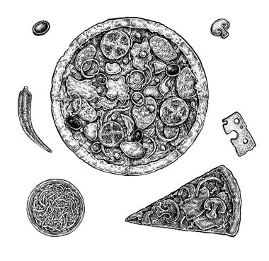 Elle çizilmiş mürekkep pizza ve maddeler kümesi. Siyah ve beyaz vec