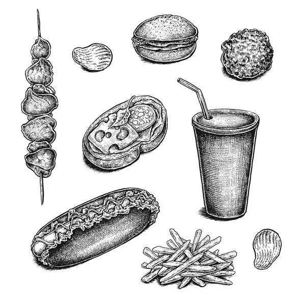 Colección de bocetos de comida rápida de tinta dibujada a mano . — Vector de stock