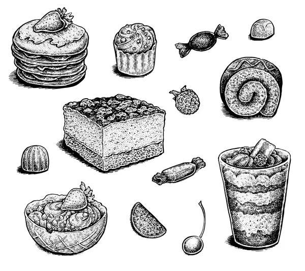 Collection de desserts à l'encre dessinée à la main . — Image vectorielle