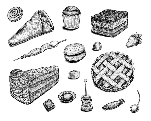 Collection de desserts à l'encre dessinée à la main . — Image vectorielle