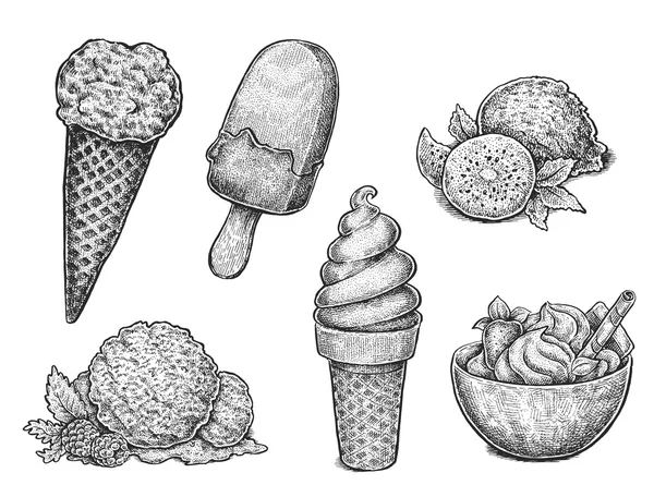 Raccolta di schizzi di inchiostro disegnati a mano di gelato — Vettoriale Stock