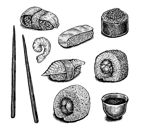 Set di sushi all'inchiostro disegnato a mano — Vettoriale Stock