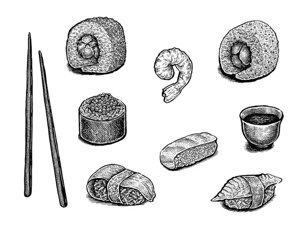 손으로 그린 잉크 초밥 세트 — 스톡 사진