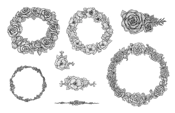 Collection of ink hand drawn round floral frames and stylized vi — Stock Photo, Image