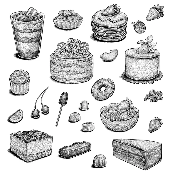 Collection of hand drawn ink desserts. — Stock Photo, Image