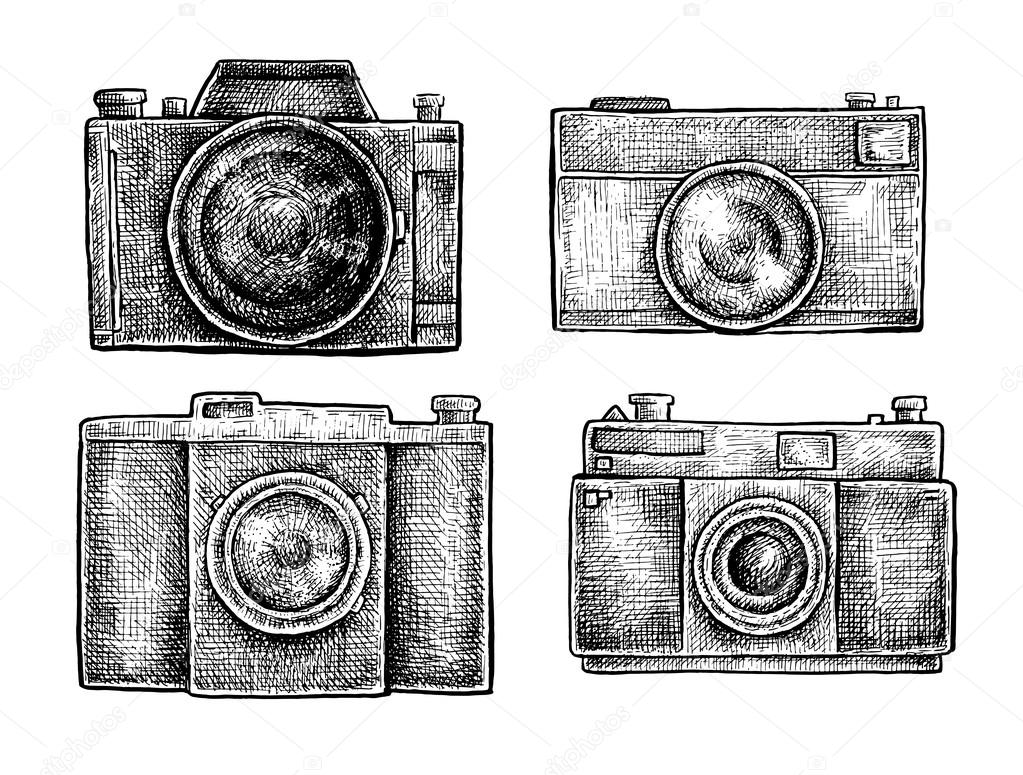 Set of ink hand drawn vintage cameras sketches