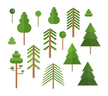 Düz tasarım yeşil ağaçlar yaz ayarlayın. Vektör toplama