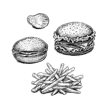 Patates kızartması, cips ve sandviç siyah ve beyaz el çekilmiş.