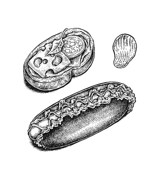 Set di fast food disegnati a mano in bianco e nero: sandwich, hot dog e — Vettoriale Stock