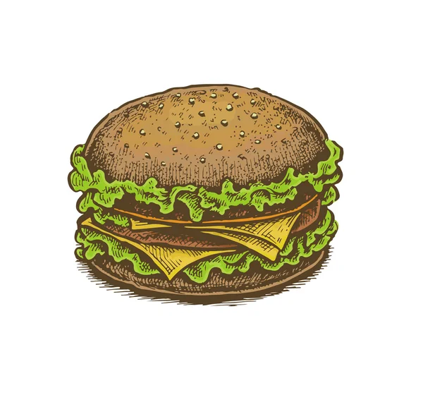 Hamburguesa de queso dibujada a mano estilo vintage colorido . — Vector de stock