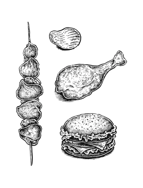 Fekete-fehér kézzel rajzolt gyorsétterem készlet: szendvics, kebab, sült — Stock Vector