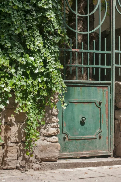 Старые Старинные Ретро Выветренные Металлические Зеленые Двери Дома Сад — стоковое фото