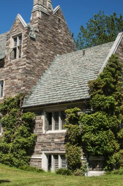 Güneşli yaz gününde taştan ev cephesi