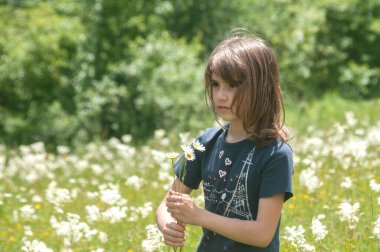 Çiçekleri olan küçük bir kız yaz otlağına yakın.