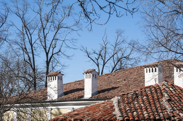 Крыши и дымоходы старых домов — стоковое фото