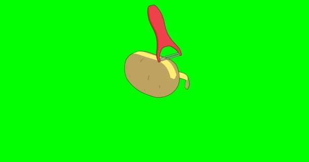 ジャガイモの皮をむくアニメーション 漫画の飛行ピーラージャガイモ剥離されます 緑の画面クロマキー — ストック動画