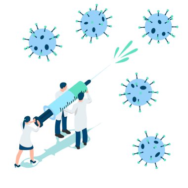 Doktorlar koronavirüsle savaşıyor. Doktorlar enfeksiyonla savaşmak için aşıyla birlikte şırınga kullanıyorlar.. 