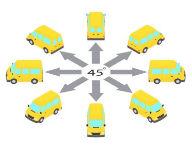 Minibüsün dönüşü 45 derece. İzometrik olarak farklı açılarda sarı bus.