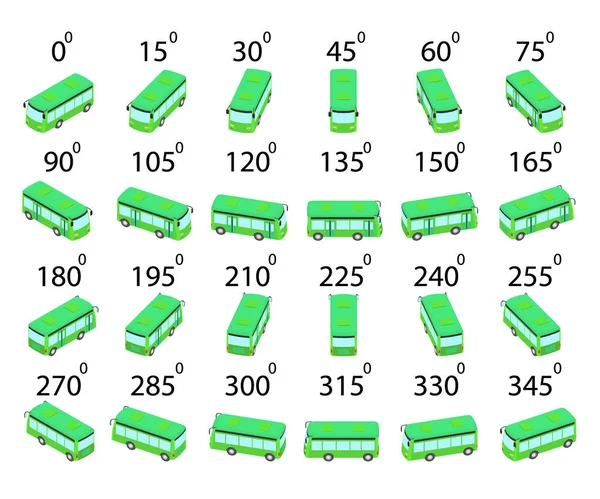 異なる角度から24台のバスのセット 緑のバスの回転のアニメーション15度 ベクターグラフィックス