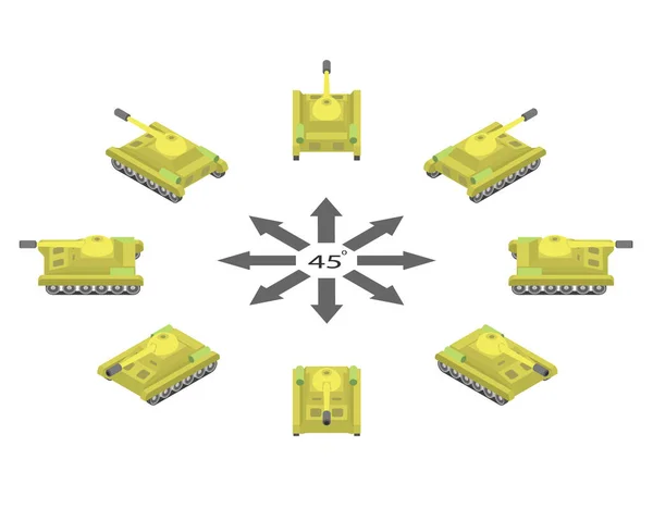 Draaien Van Gele Tank Met Graden Tank Verschillende Hoeken Isometrische — Stockvector