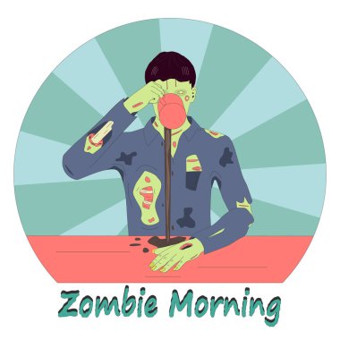 Kahve içen zombi çıkartması. Zombi sabahları uykulu insanların sembolü olarak kahve içmeye çalışıyor..