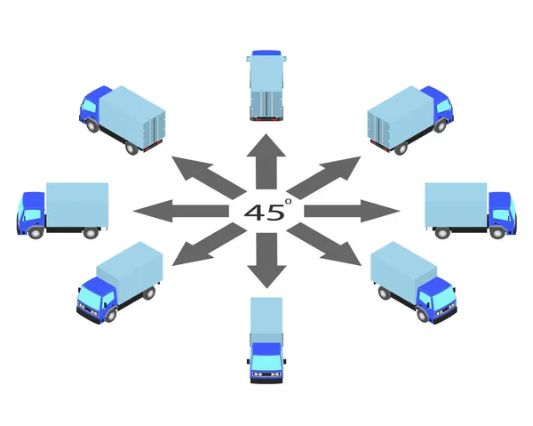 Rotação Caminhão Azul Por Graus Camião Ângulos Diferentes Vista Isométrica Vetor De Stock