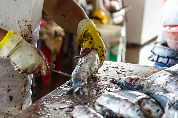 Mans hand med handskar förbereder fisk för försäljning på marknaden. — Stockfoto