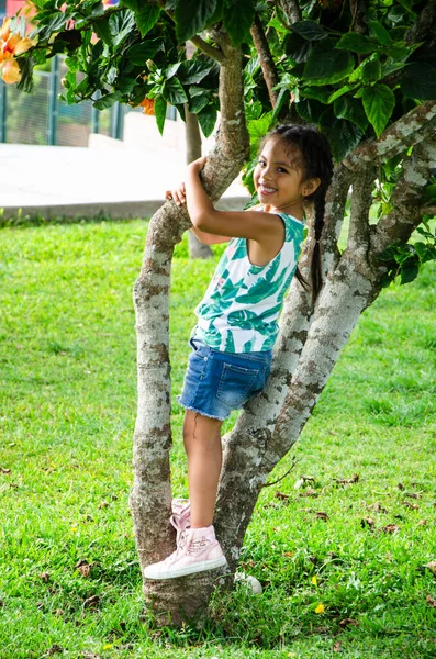 Carina bambina sta giocando nel parco arrampicata su un albero. — Foto Stock